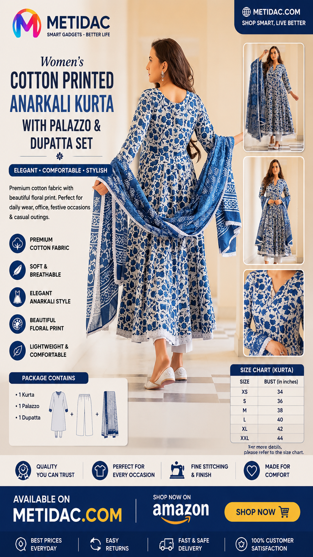 Women's Cotton Printed Anarkali Kurta with Palazzo & Dupatta Set .