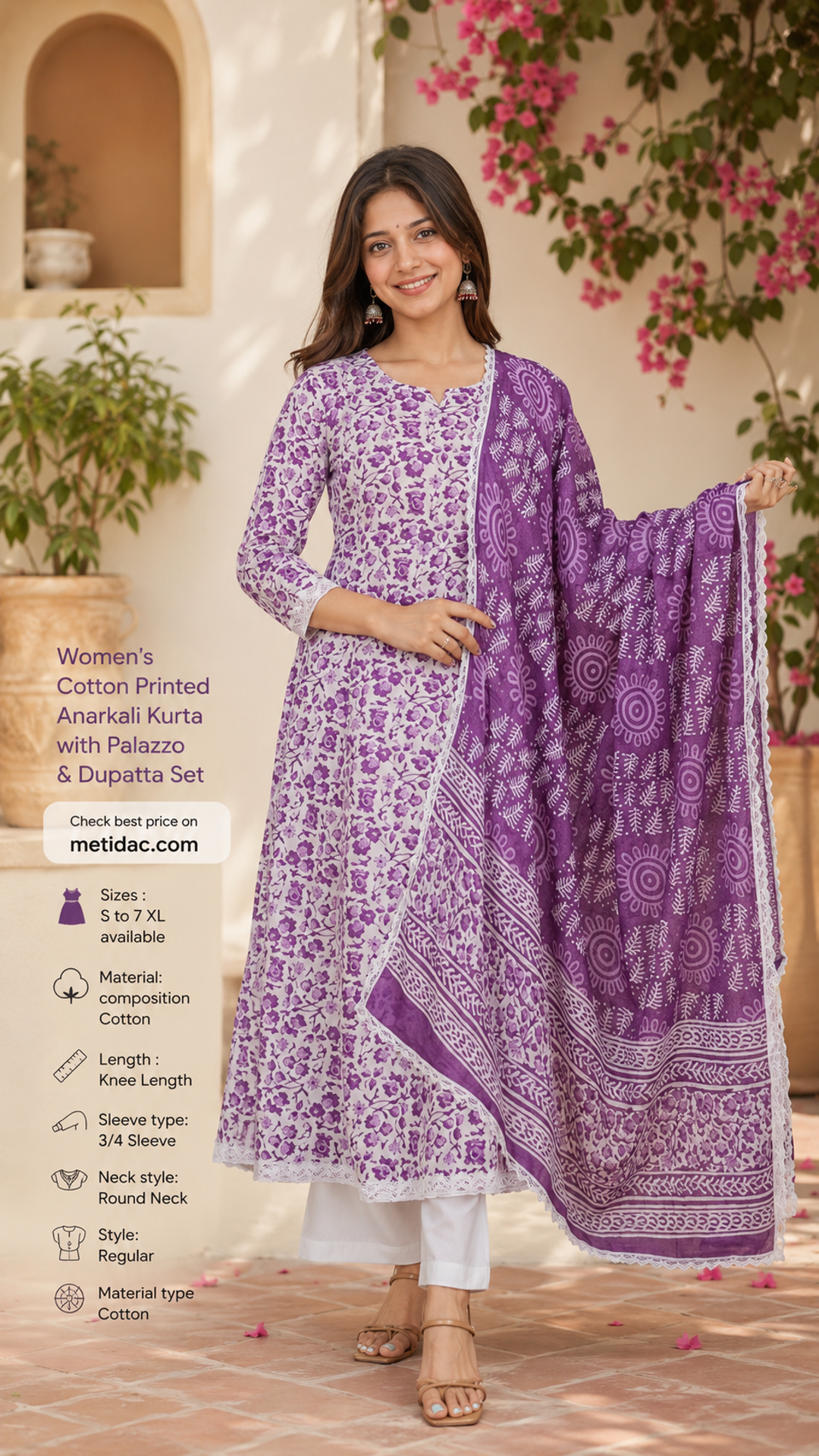 Women's Cotton Printed Anarkali Kurta with Palazzo & Dupatta Set
