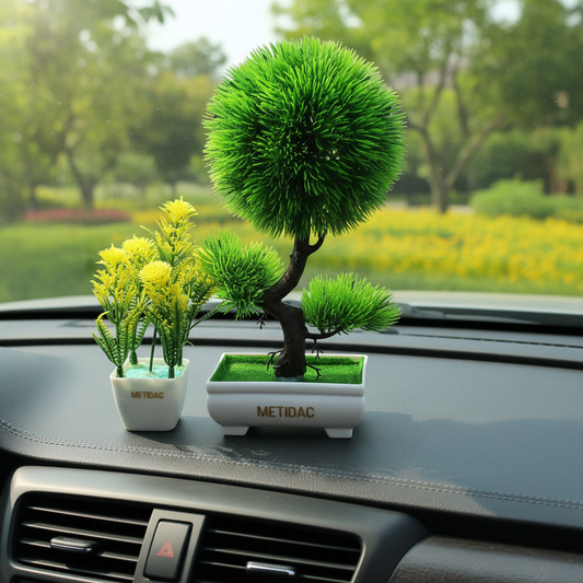 METIDAC Artificial Green Bonsai + Yellow Flower Plant Combo | Premium Home Decor Set | Realistic Look | No Maintenance | Gift Item