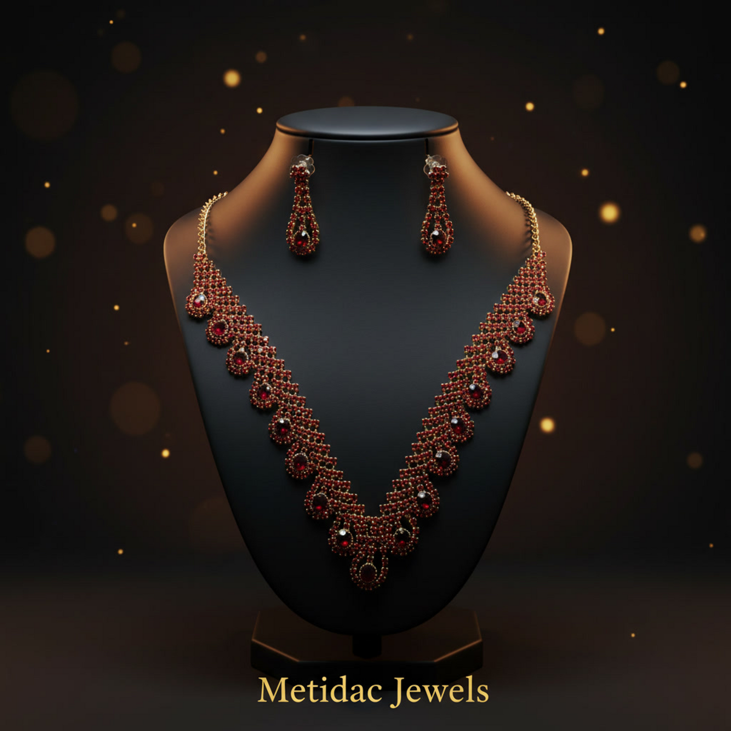 Metidac Elegant Red Stone Necklace Set with Earrings | Gold-Plated Alloy Jewelry | Lightweight Fashion Necklace for Women | Party & Wedding Wear