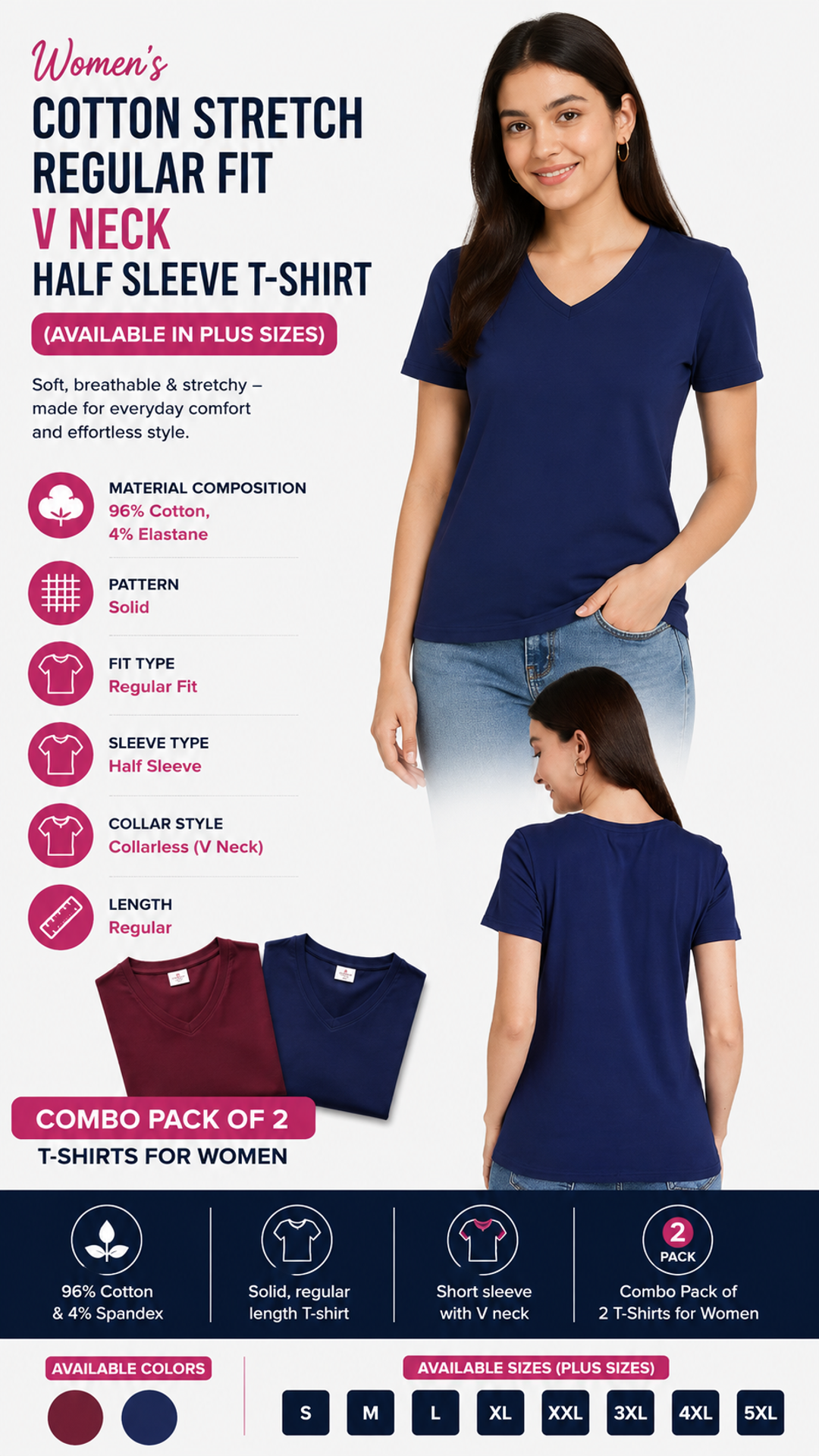 Symbol Women's Cotton Stretch Regular Fit V-Neck Half Sleeve T-Shirt Combo Pack of 2.