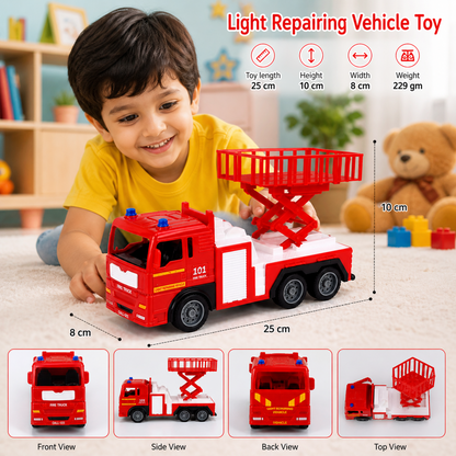 Light Repairing Vehicle Toy Lumo Fire Truck with Hydraulic Lift Platform – No Battery Required, Durable Kids Construction Rescue Truck (25 cm, Red & White)