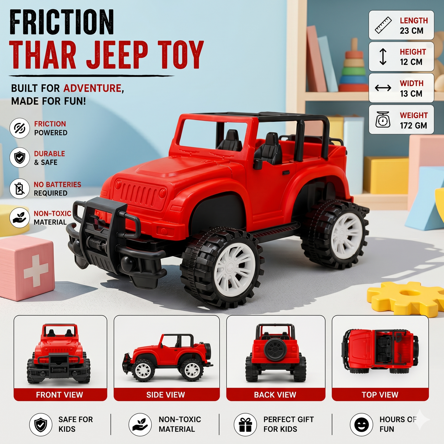 Friction Lumo Thar Jeep Toy for Kids – No Battery Required Off-Road Jeep Toy, Big Wheel Adventure Car (23 cm, Red) | Durable & Safe Kids Toy