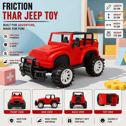 Friction Lumo Thar Jeep Toy for Kids – No Battery Required Off-Road Jeep Toy, Big Wheel Adventure Car (23 cm, Red) | Durable & Safe Kids Toy
