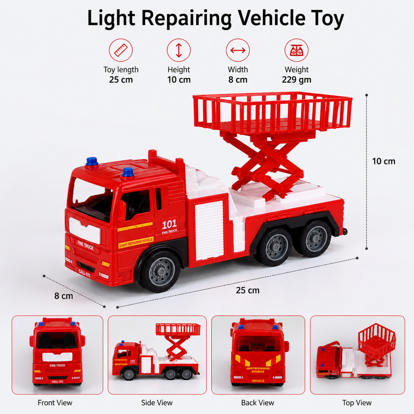 Light Repairing Vehicle Toy Lumo Fire Truck with Hydraulic Lift Platform – No Battery Required, Durable Kids Construction Rescue Truck (25 cm, Red & White)