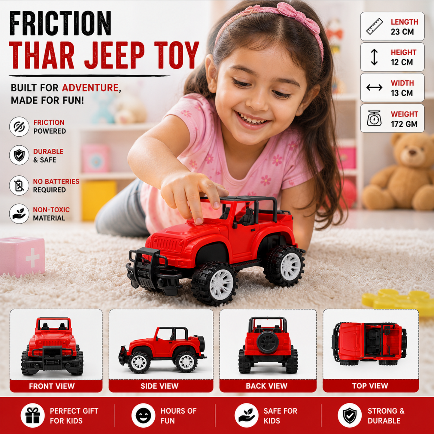 Friction Lumo Thar Jeep Toy for Kids – No Battery Required Off-Road Jeep Toy, Big Wheel Adventure Car (23 cm, Red) | Durable & Safe Kids Toy