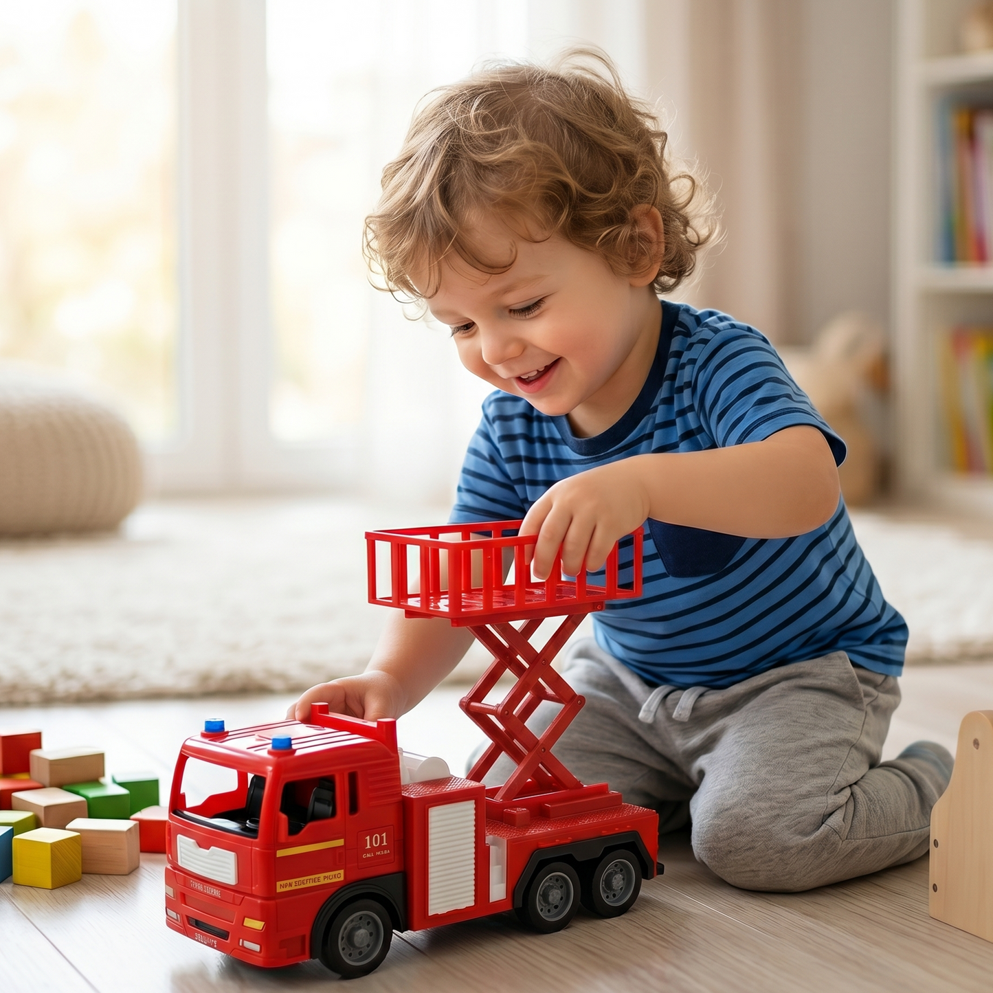 Light Repairing Vehicle Toy Lumo Fire Truck with Hydraulic Lift Platform – No Battery Required, Durable Kids Construction Rescue Truck (25 cm, Red & White)