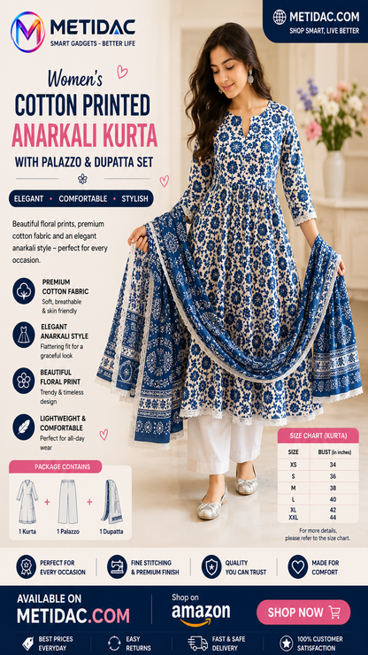 Women's Cotton Printed Anarkali Kurta with Palazzo & Dupatta Set .