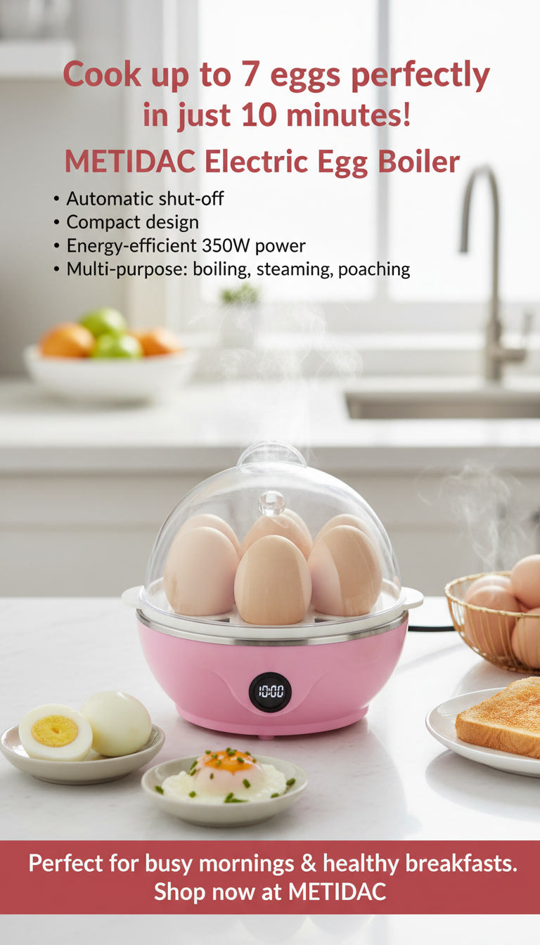 METIDAC Electric Egg Boiler Automatic Shut-Off | 7 Egg Capacity | Egg Poacher, Steamer, Cooker & Fryer | 350W | Multicolor