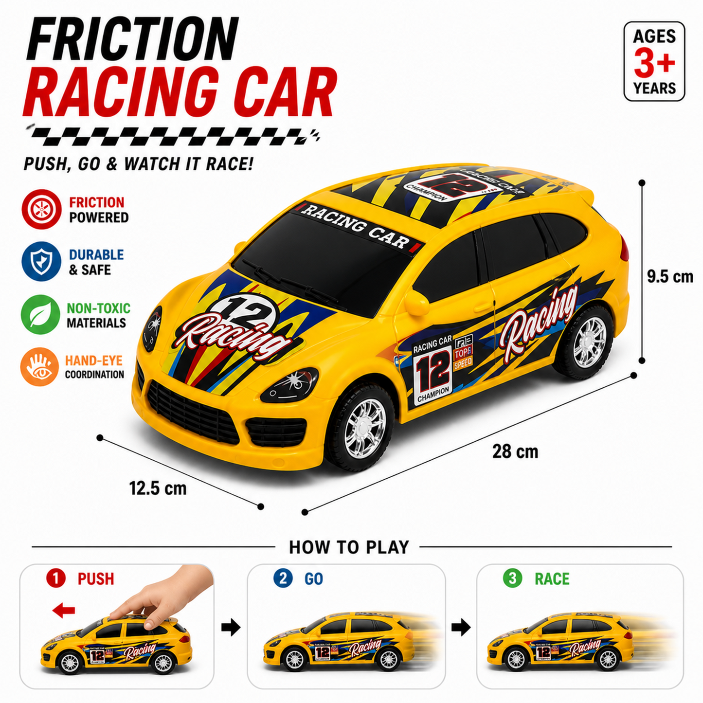 Friction Racing Car Toy for Kids – No Battery, Push & Go Car, Durable & Safe Toy Vehicle (28 cm)