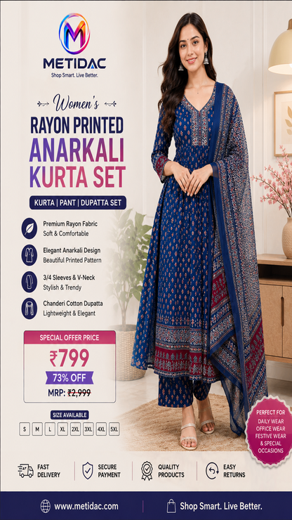 🌸 Women's Rayon Printed Anarkali Kurta Set