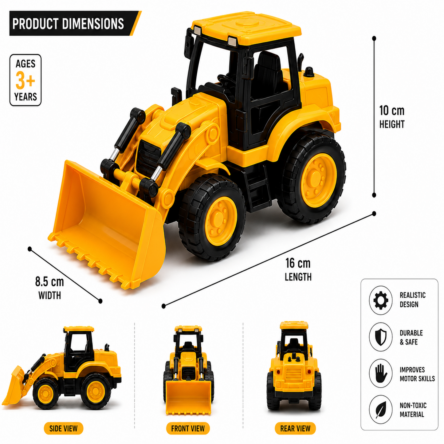 Loader N Dumper Toy for Kids – 16cm Friction Powered Construction Truck Set | No Battery | Durable & Safe Toy Vehicle