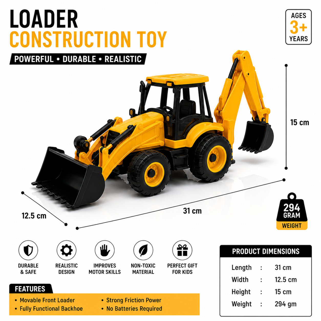 Loader Construction Toy for Kids – 31cm Big Size Friction Powered Bulldozer | No Battery | Heavy Duty Toy Truck