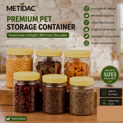 METIDAC Transparent Plastic Storage Container Set of 6 | 250 ml | Airtight Lids, Leak Resistant, BPA Free, Food Grade Plastic, Spice & Dry Fruit Jars