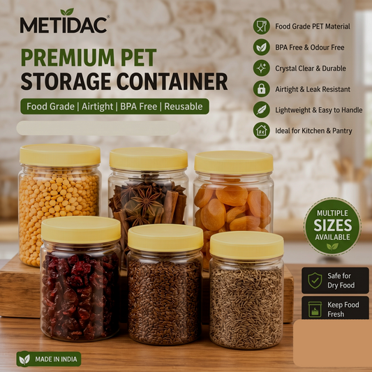 METIDAC Transparent Plastic Storage Container Set of 6 | 250 ml | Airtight Lids, Leak Resistant, BPA Free, Food Grade Plastic, Spice & Dry Fruit Jars