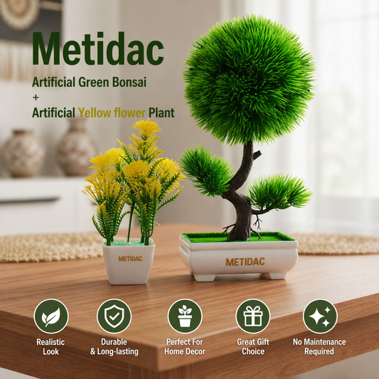 METIDAC Artificial Green Bonsai + Yellow Flower Plant Combo | Premium Home Decor Set | Realistic Look | No Maintenance | Gift Item
