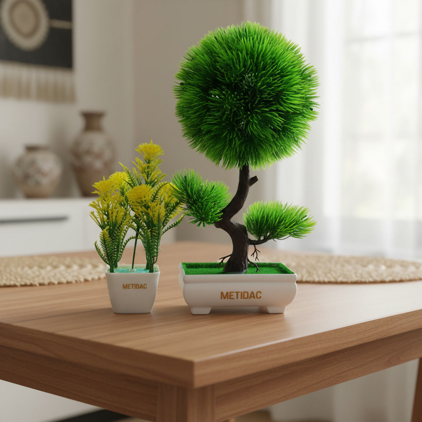 METIDAC Artificial Green Bonsai + Yellow Flower Plant Combo | Premium Home Decor Set | Realistic Look | No Maintenance | Gift Item