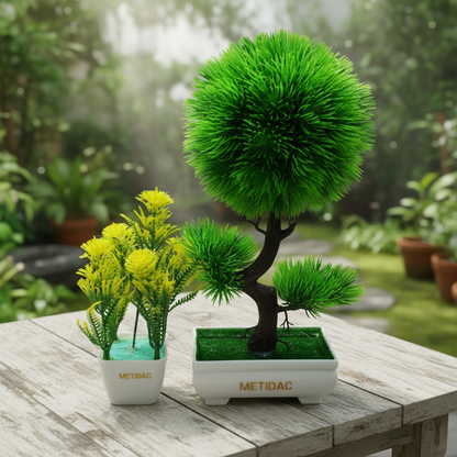 METIDAC Artificial Green Bonsai + Yellow Flower Plant Combo | Premium Home Decor Set | Realistic Look | No Maintenance | Gift Item