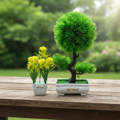 METIDAC Artificial Green Bonsai + Yellow Flower Plant Combo | Premium Home Decor Set | Realistic Look | No Maintenance | Gift Item