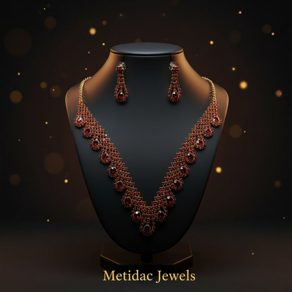 Metidac Elegant Red Stone Necklace Set with Earrings | Gold-Plated Alloy Jewelry | Lightweight Fashion Necklace for Women | Party & Wedding Wear