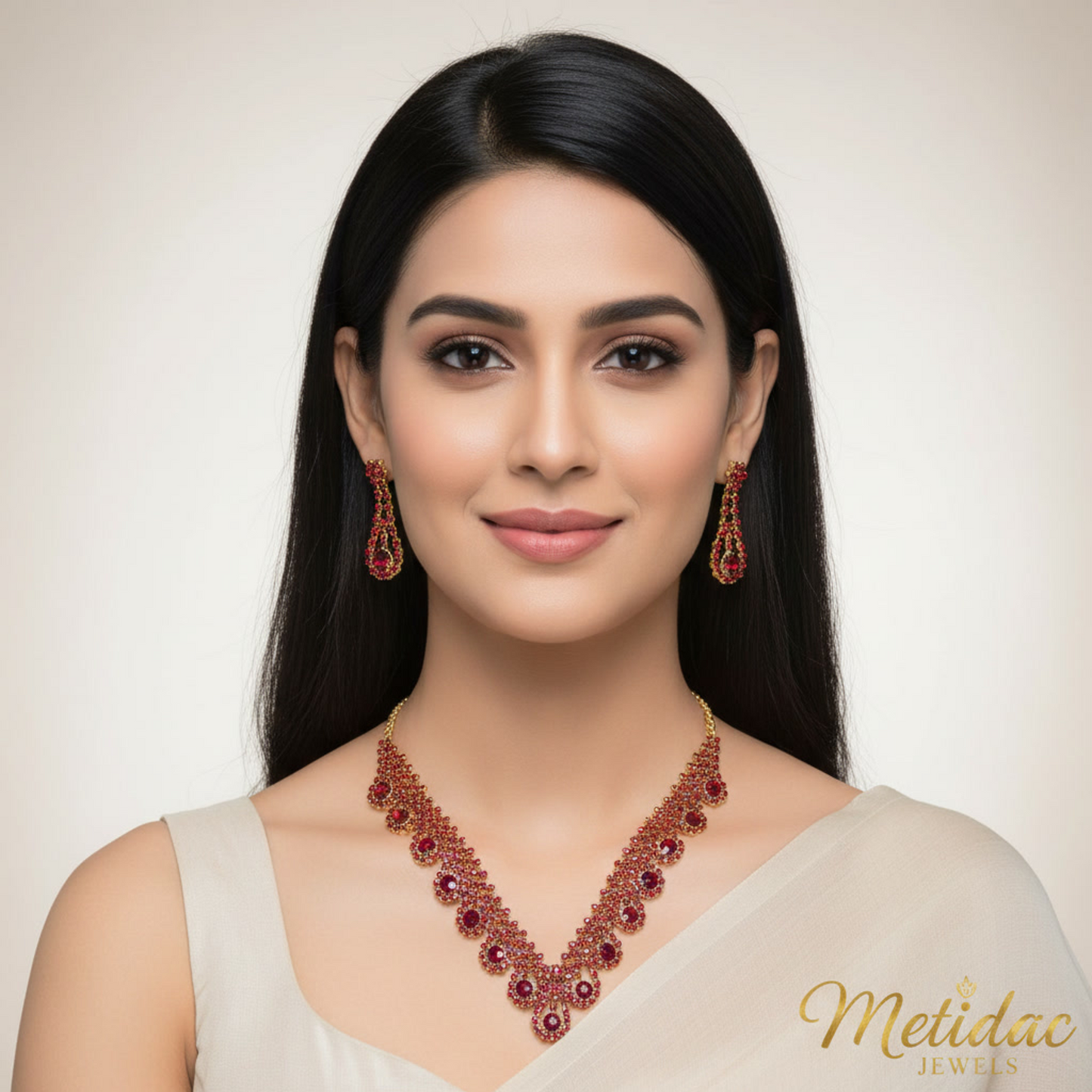 Metidac Elegant Red Stone Necklace Set with Earrings | Gold-Plated Alloy Jewelry | Lightweight Fashion Necklace for Women | Party & Wedding Wear