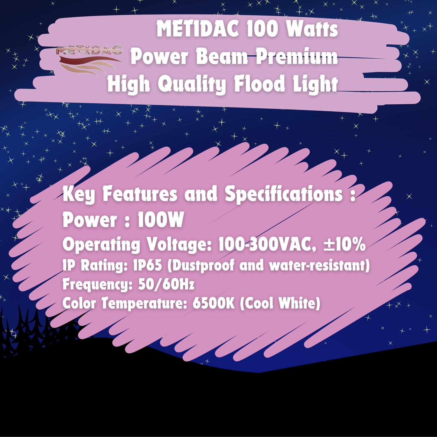 Metidac 100W Flood Light | Aluminium Die-Cast Body | IP66 Water Proof | Premium Quality