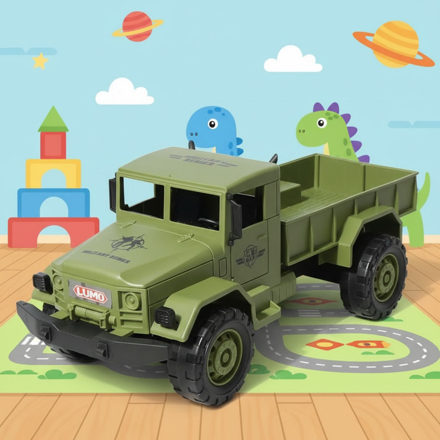 Lumo Military Open Truck Toy (33.5 cm) | Big Size Army Truck | Friction Powered | Durable Kids Toy Vehicle