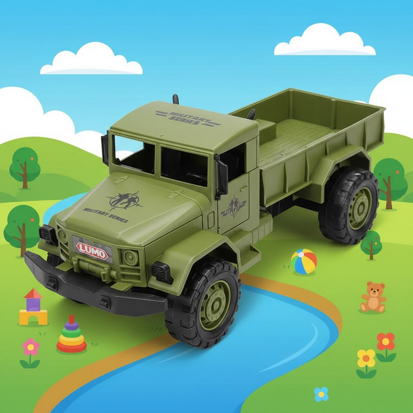 Lumo Military Open Truck Toy (33.5 cm) | Big Size Army Truck | Friction Powered | Durable Kids Toy Vehicle