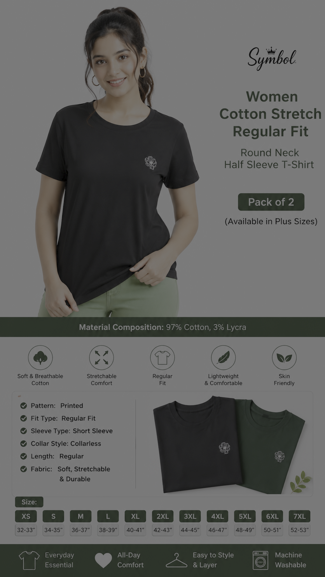 Symbol Women's Cotton Stretch Regular Fit Round Neck Half Sleeve T-Shirt | Pack of 2 | 97% Cotton | Available in Plus Sizes.