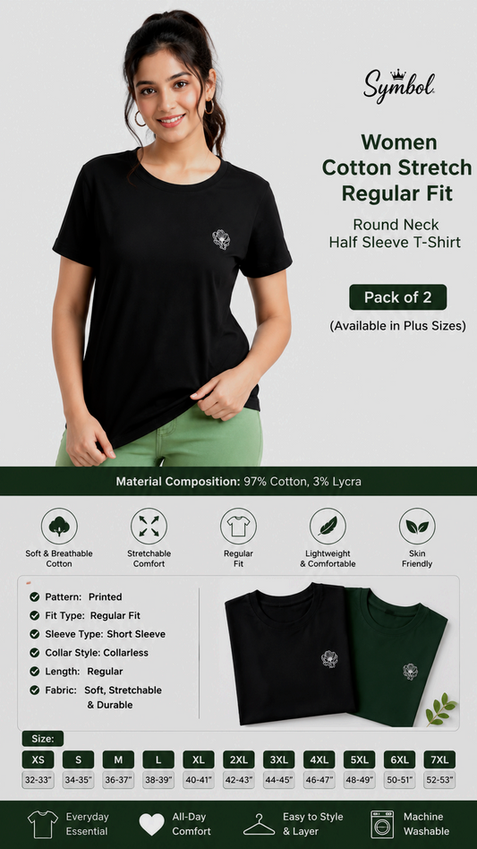Symbol Women's Cotton Stretch Regular Fit Round Neck Half Sleeve T-Shirt | Pack of 2 | 97% Cotton | Available in Plus Sizes.