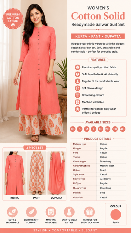 Women's Cotton Solid Readymade Salwar Suit Set