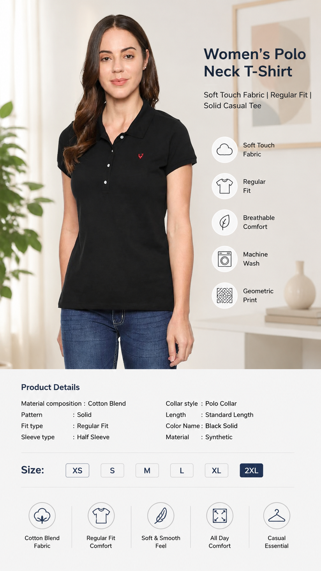 Women’s Polo Neck T‑Shirt | Soft Touch Fabric | Regular Fit | Solid Casual Tee