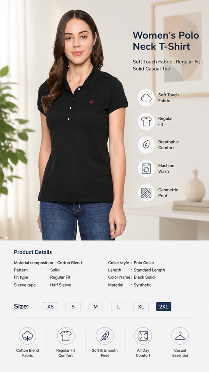 Women’s Polo Neck T‑Shirt | Soft Touch Fabric | Regular Fit | Solid Casual Tee