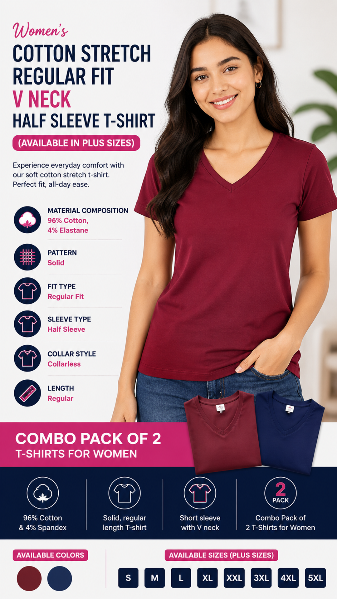 Symbol Women's Cotton Stretch Regular Fit V-Neck Half Sleeve T-Shirt Combo Pack of 2.