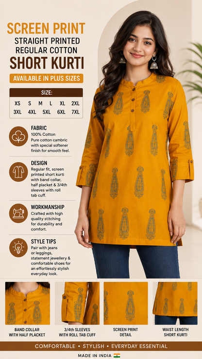 Women's 100% Cotton Screen Print Short Kurti | Regular Fit | 3/4 Sleeve |