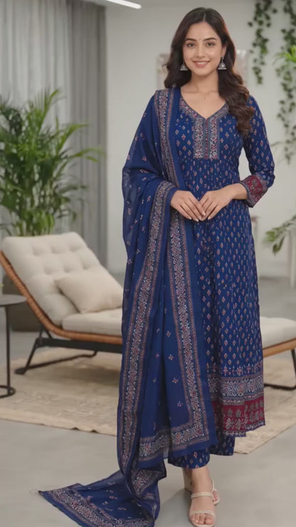 🌸 Women's Rayon Printed Anarkali Kurta Set